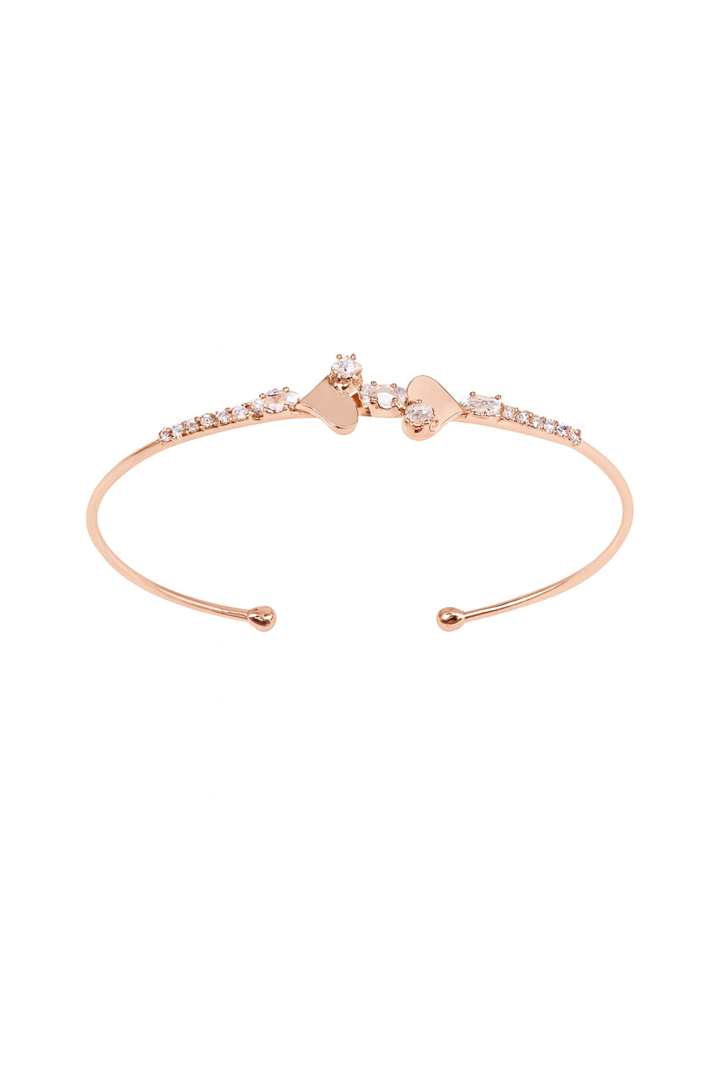 Jewello fancy rose gold plated heart design with cubic zirconia stud cuff bracelet, Kada bracelet for women and girls.