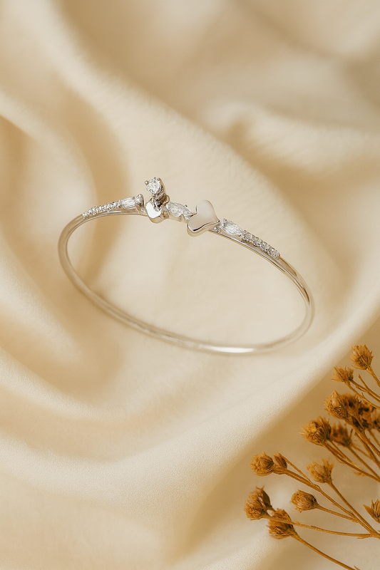 Jewello Beautiful silver-plated heart design with shimmering white stone stud cuff bracelet, Kada bracelet for women and girls.
