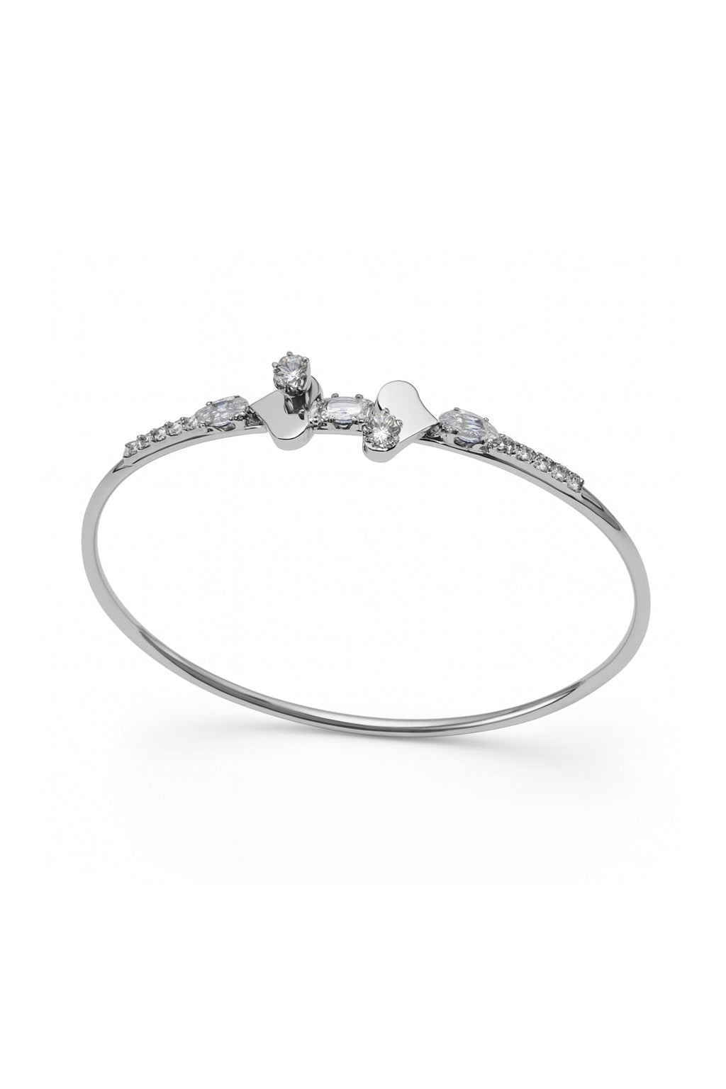 Jewello Beautiful silver-plated heart design with shimmering white stone stud cuff bracelet, Kada bracelet for women and girls.
