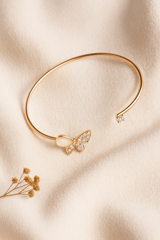Jewello delicate rose gold-plated butterfly design with shimmering white stone stud cuff bracelet, Kada bracelet for women and girls.