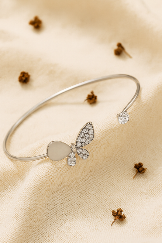 Jewello Adorable silver-plated butterfly design with shimmering white stone stud cuff bracelet, Kada bracelet for women and girls.