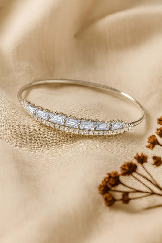 Jewello delicate silver plated with cubic zirconia stud cuff bracelet, Kada bracelet for women and girls.