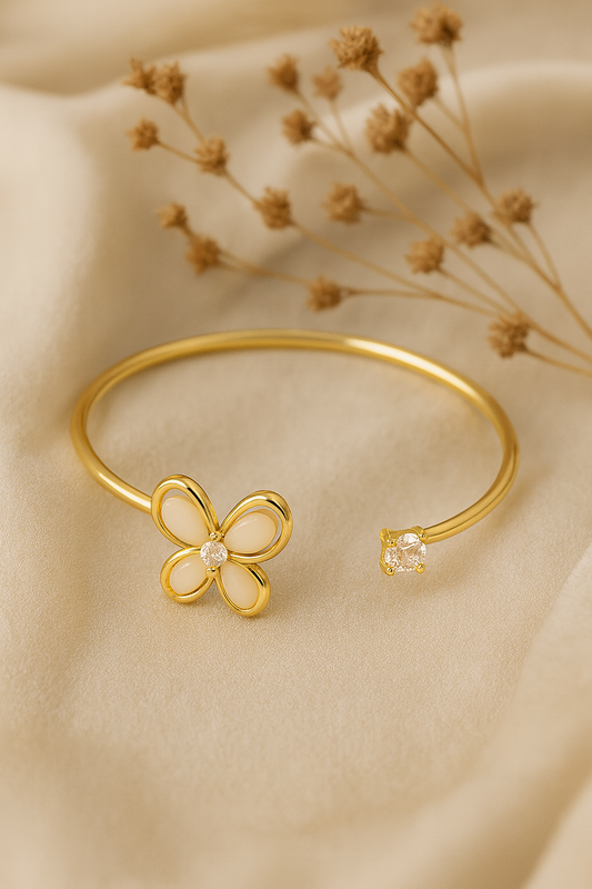 Jewello elegance gold plated floral design with shimmering white stone stud cuff bracelet, Kada bracelet for women and girls.