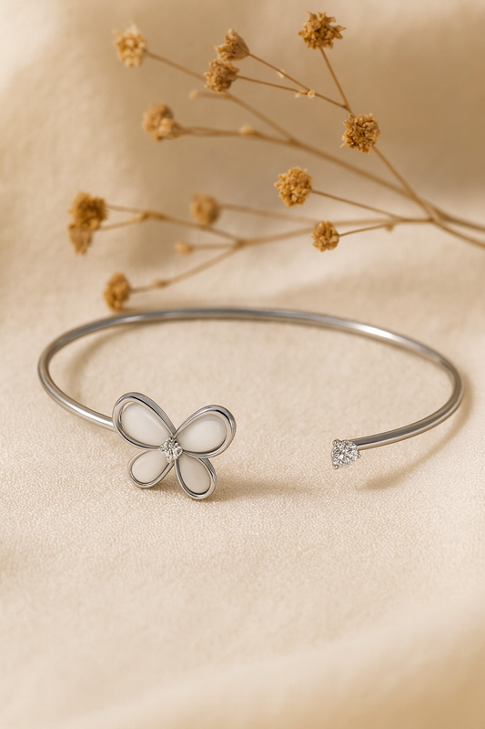 Jewello elegant silver-plated floral design with shimmering white stone stud cuff bracelet, Kada bracelet for women and girls.