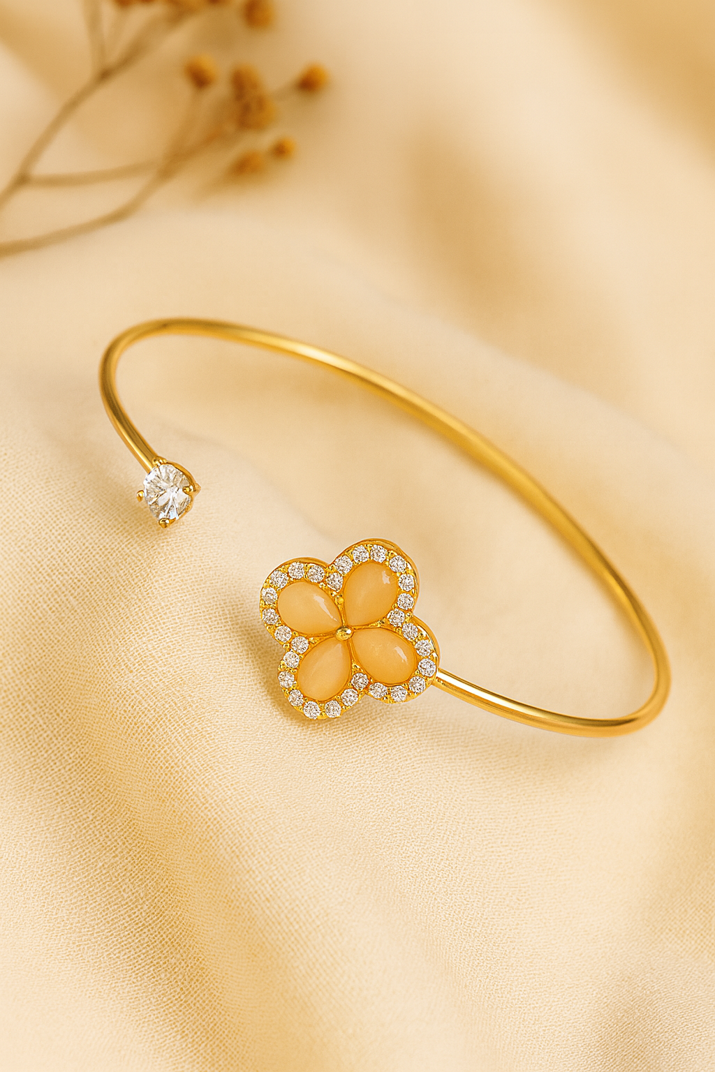 Jewello fashionable gold-plated floral design with golden stone stud cuff bracelet, Kada bracelet for women and girls.