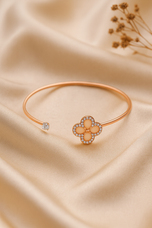 Jewello gorgeous rose gold-plated floral design with shimmering stone stud cuff bracelet, Kada bracelet for women and girls.