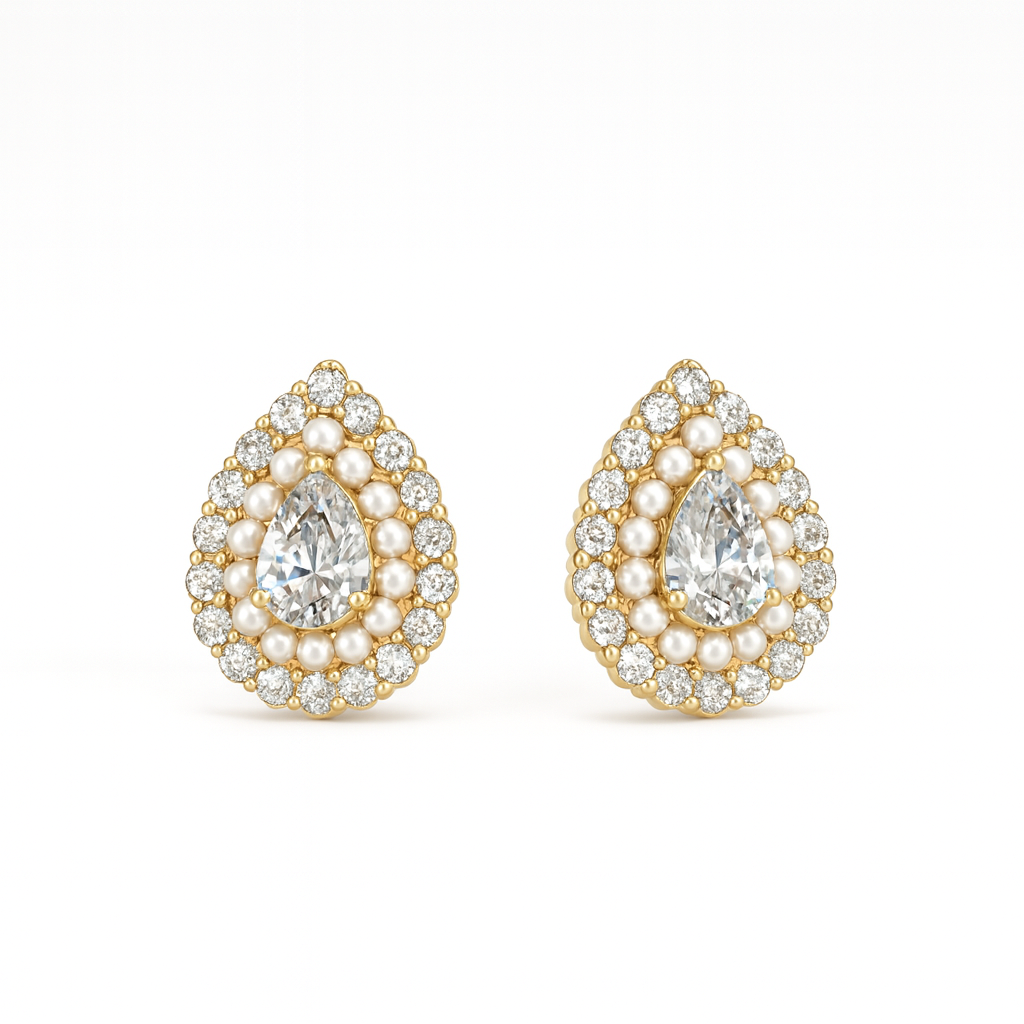 Jewello Adorable gold-plated drop shape with shimmering stone and pearl stud chain pendant, earring and finger ring set for women and girls.