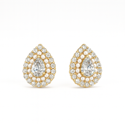Jewello Adorable gold-plated drop shape with shimmering stone and pearl stud chain pendant, earring and finger ring set for women and girls.