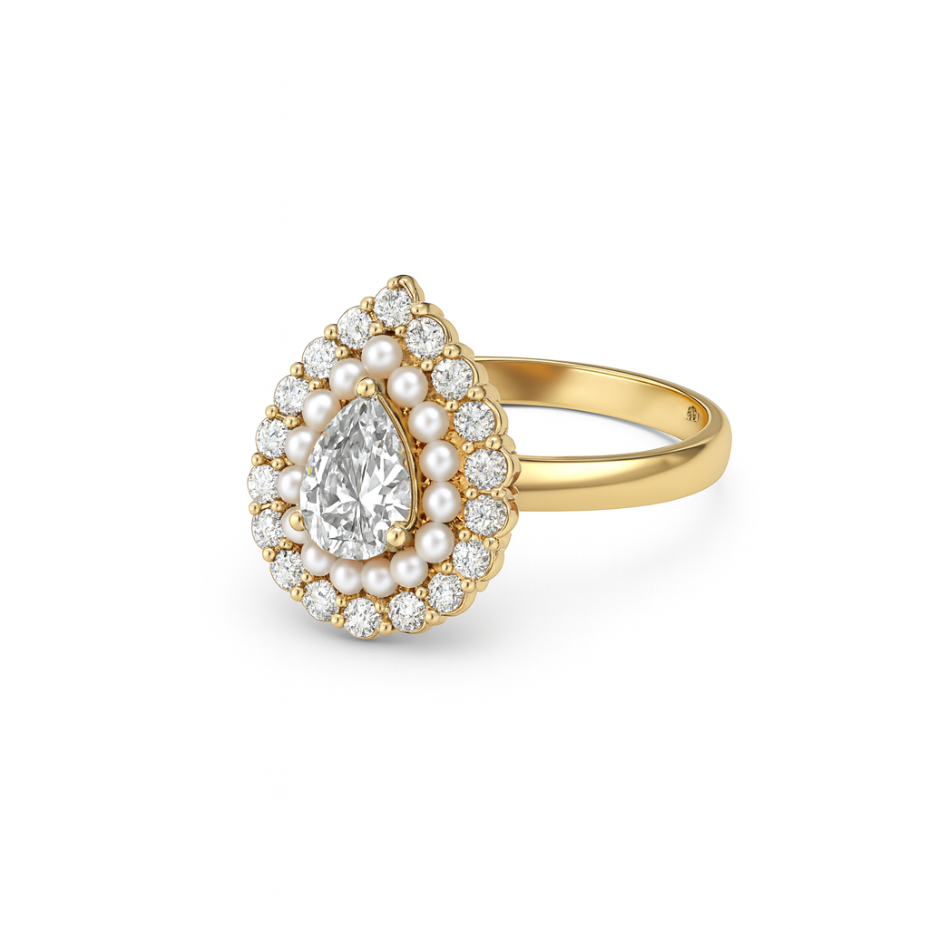Jewello Adorable gold-plated drop shape with shimmering stone and pearl stud chain pendant, earring and finger ring set for women and girls.