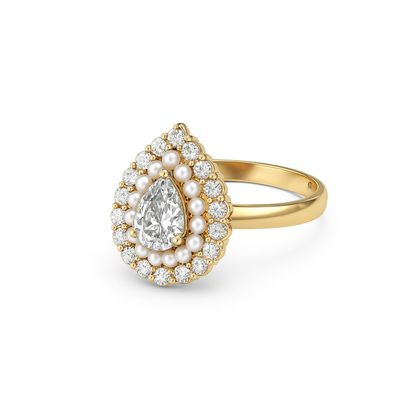 Jewello Adorable gold-plated drop shape with shimmering stone and pearl stud chain pendant, earring and finger ring set for women and girls.