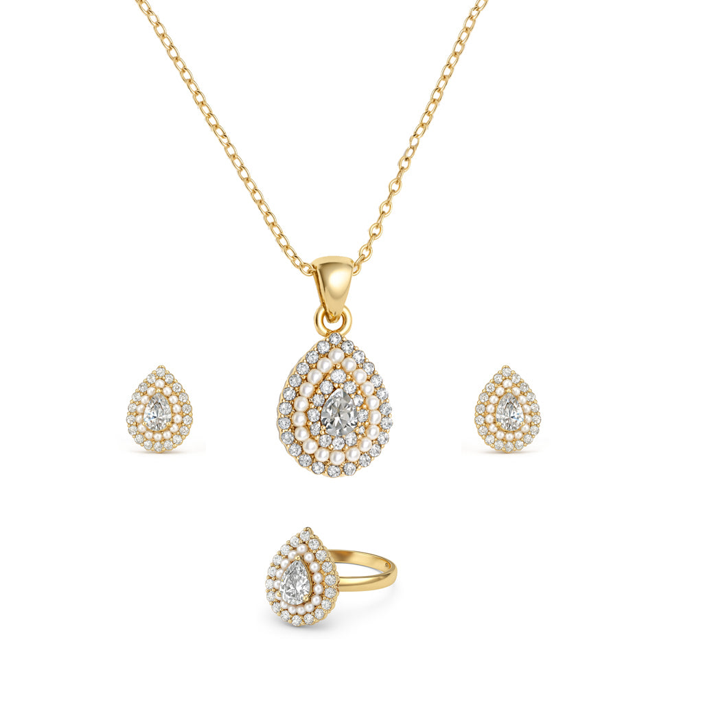 Jewello Adorable gold-plated drop shape with shimmering stone and pearl stud chain pendant, earring and finger ring set for women and girls.