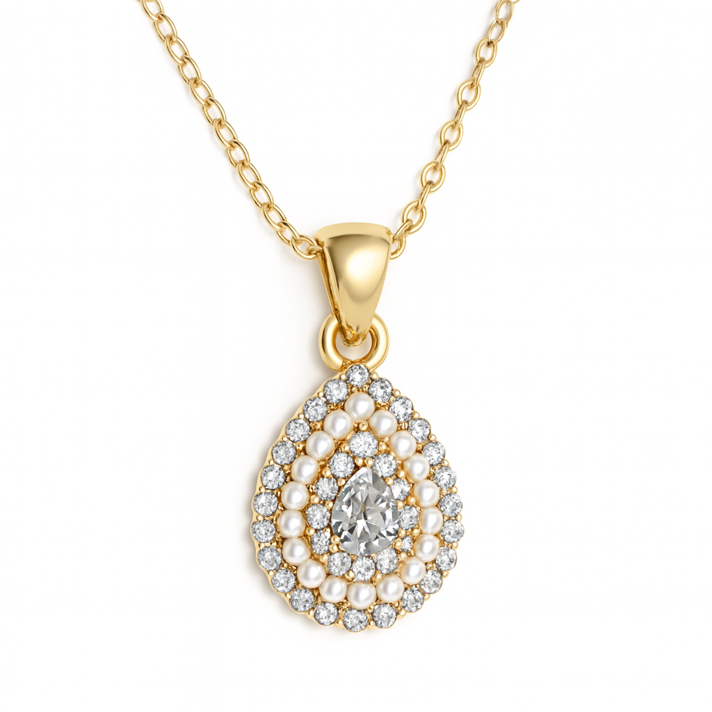 Jewello Adorable gold-plated drop shape with shimmering stone and pearl stud chain pendant, earring and finger ring set for women and girls.