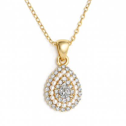 Jewello Adorable gold-plated drop shape with shimmering stone and pearl stud chain pendant, earring and finger ring set for women and girls.