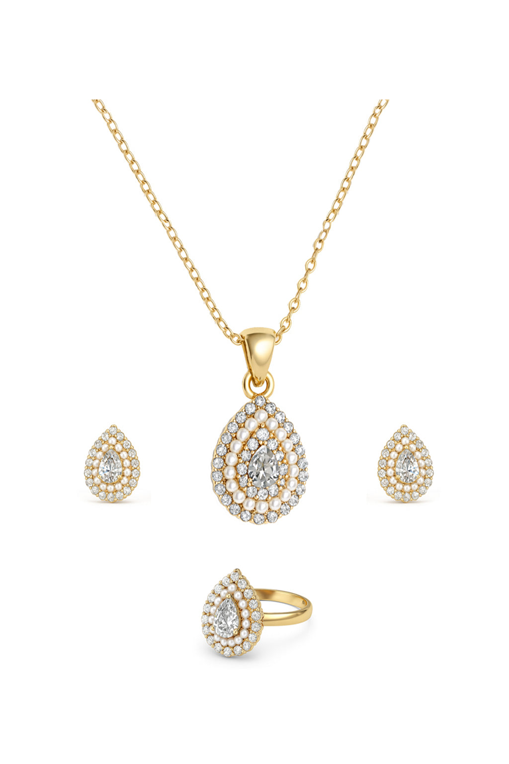 Jewello Adorable gold-plated drop shape with shimmering stone and pearl stud chain pendant, earring and finger ring set for women and girls.
