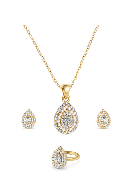 Jewello Adorable gold-plated drop shape with shimmering stone and pearl stud chain pendant, earring and finger ring set for women and girls.