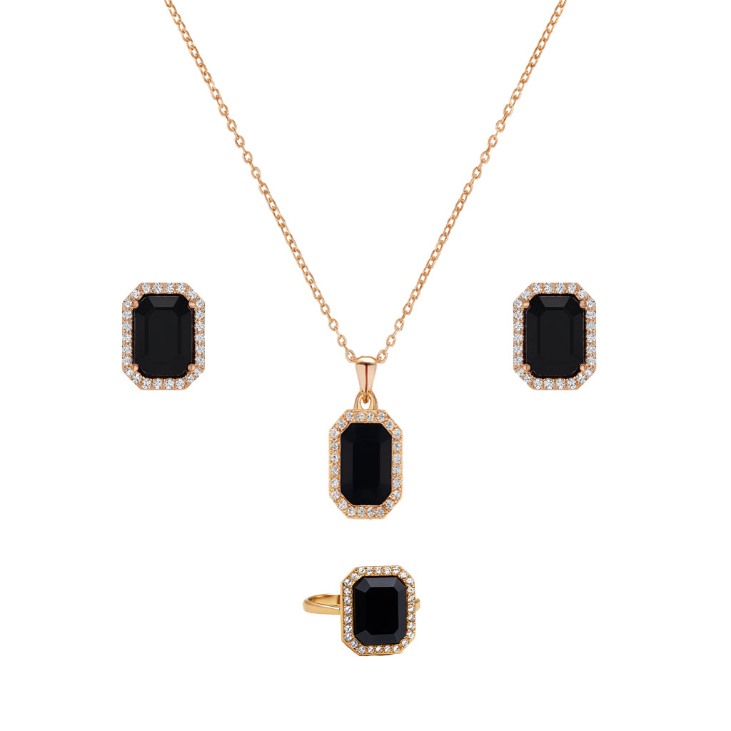 Jewello elegant gold plated and cubic zirconia stud chain pendant, earring, finger ring set for women and girls.