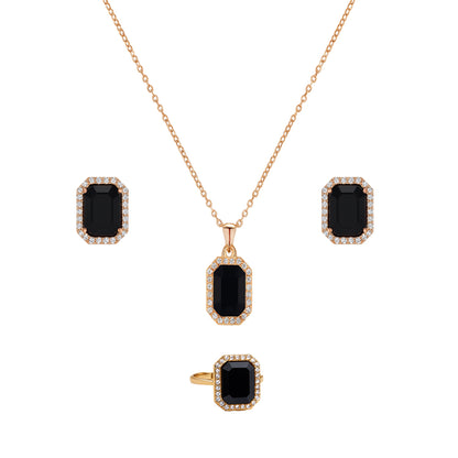 Jewello elegant gold plated and cubic zirconia stud chain pendant, earring, finger ring set for women and girls.