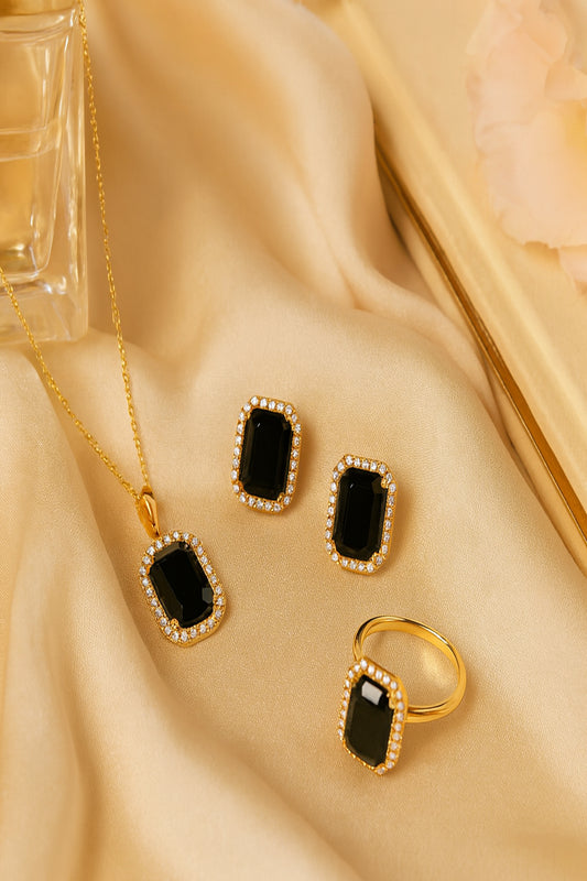 Jewello elegant gold plated and cubic zirconia stud chain pendant, earring, finger ring set for women and girls.