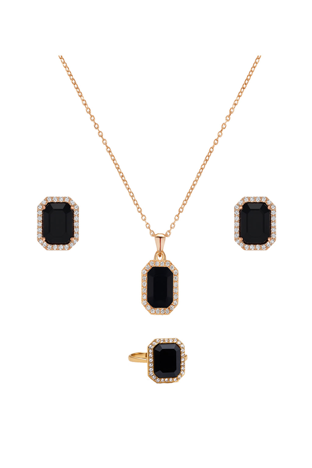 Jewello elegant gold plated and cubic zirconia stud chain pendant, earring, finger ring set for women and girls.