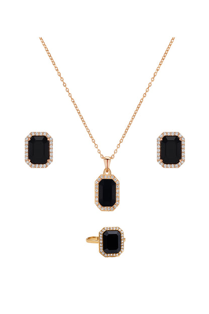 Jewello elegant gold plated and cubic zirconia stud chain pendant, earring, finger ring set for women and girls.