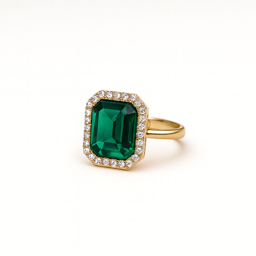 Jewello's trendy gold plated with green stone stud sterling chain pendant, earring, finger ring set for women and girls.