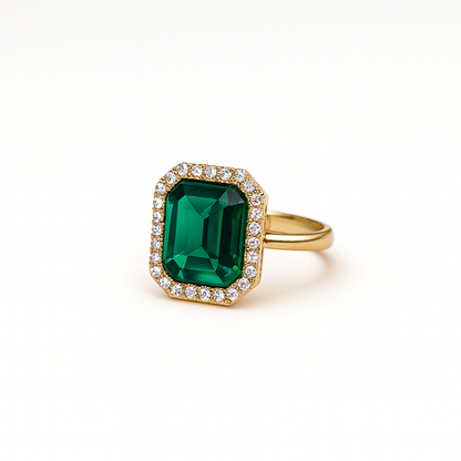 Jewello's trendy gold plated with green stone stud sterling chain pendant, earring, finger ring set for women and girls.
