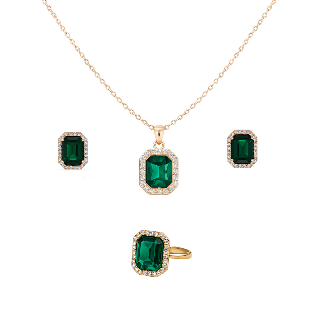 Jewello's trendy gold plated with green stone stud sterling chain pendant, earring, finger ring set for women and girls.