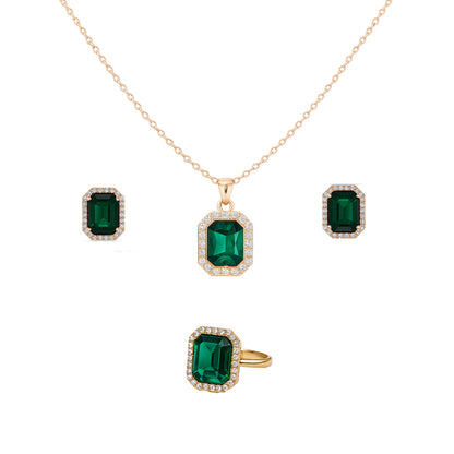 Jewello's trendy gold plated with green stone stud sterling chain pendant, earring, finger ring set for women and girls.