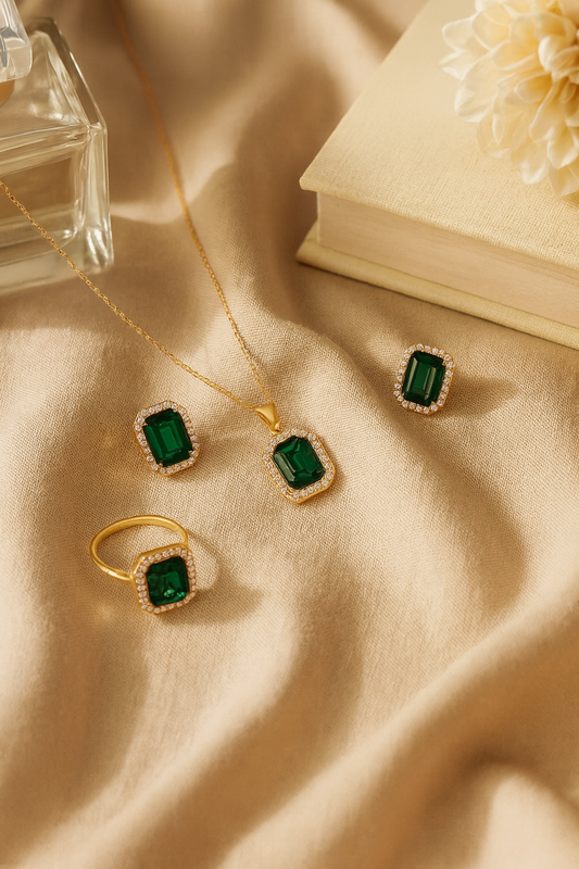 Jewello's trendy gold plated with green stone stud sterling chain pendant, earring, finger ring set for women and girls.