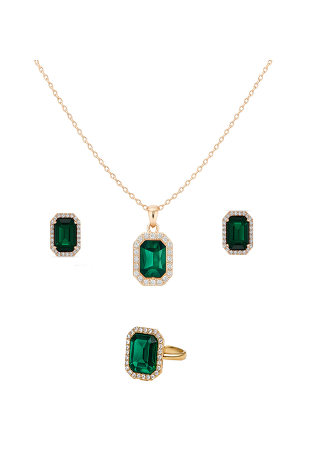 Jewello's trendy gold plated with green stone stud sterling chain pendant, earring, finger ring set for women and girls.