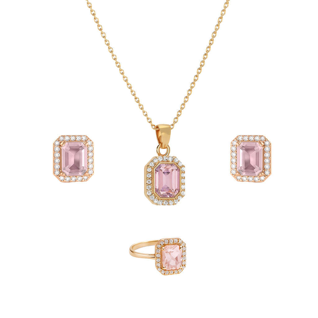 Jewello's Adorable gold plated and shimmering pink stone stud chain pendant, earring, finger ring set for women and girls.