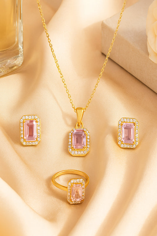 Jewello's Adorable gold plated and shimmering pink stone stud chain pendant, earring, finger ring set for women and girls.