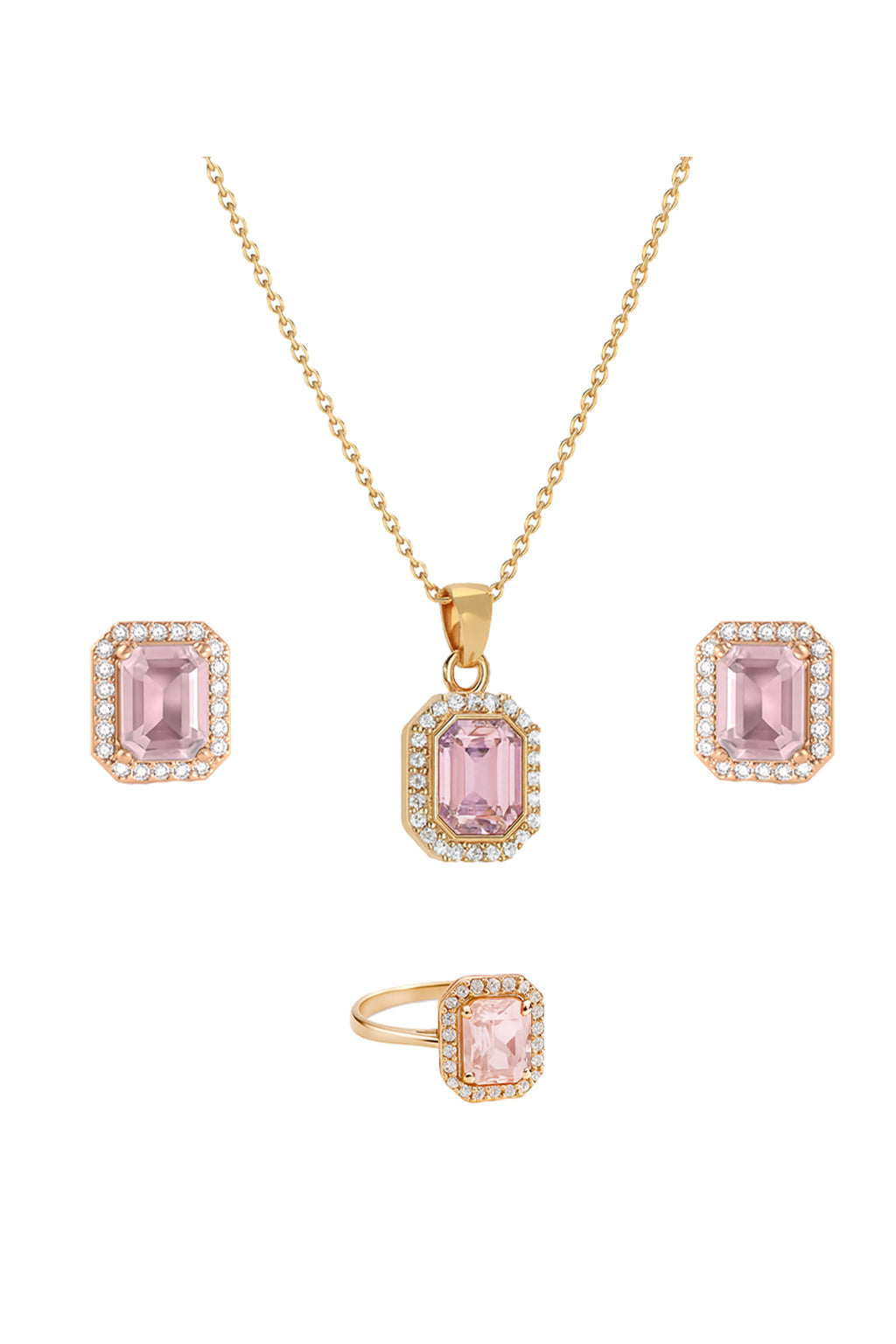 Jewello's Adorable gold plated and shimmering pink stone stud chain pendant, earring, finger ring set for women and girls.