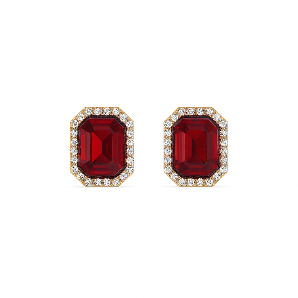 Jewello's delicate gold-plated red colour cubic zirconia stud chain pendant, earring and finger ring set for women and girls.