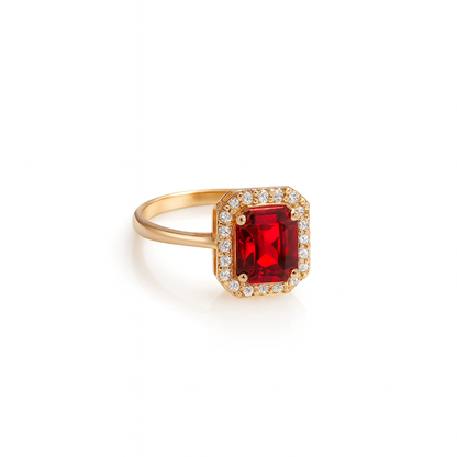 Jewello's delicate gold-plated red colour cubic zirconia stud chain pendant, earring and finger ring set for women and girls.