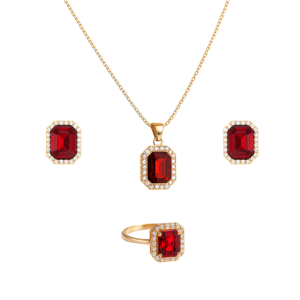 Jewello's delicate gold-plated red colour cubic zirconia stud chain pendant, earring and finger ring set for women and girls.