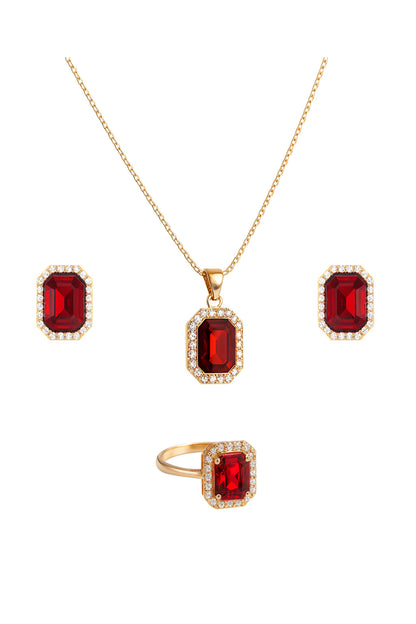 Jewello's delicate gold-plated red colour cubic zirconia stud chain pendant, earring and finger ring set for women and girls.
