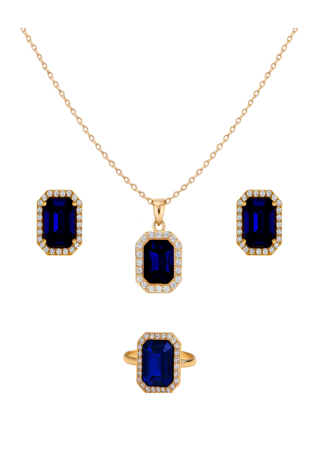 Jewello's gold plated luxury AD pendant, earring and finger ring set for women and girls.