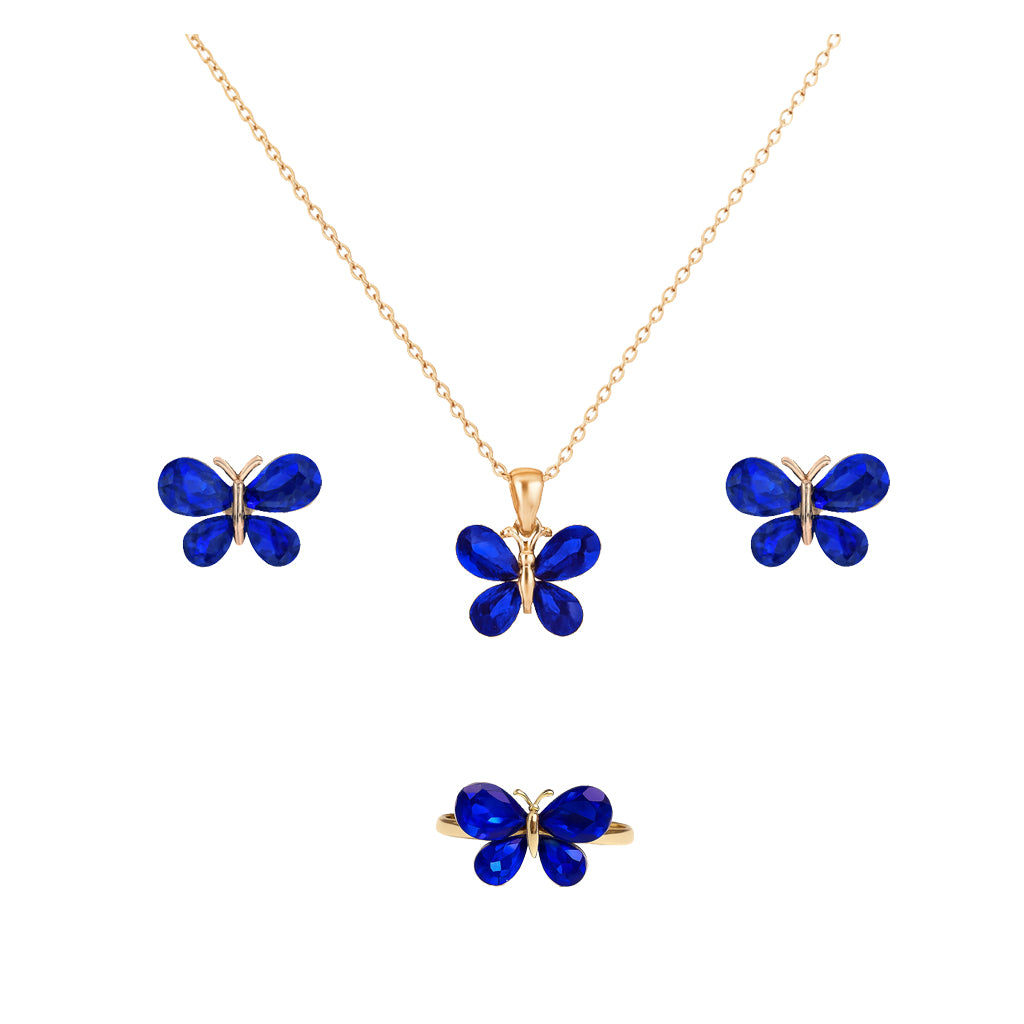 Jewello adorable gold-plated butterfly design with shimmering blue stone stud chain pendant, set for women and girls.