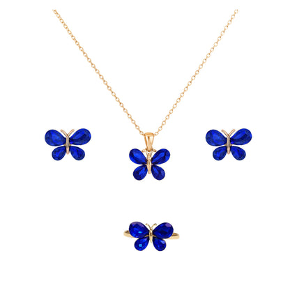Jewello adorable gold-plated butterfly design with shimmering blue stone stud chain pendant, set for women and girls.