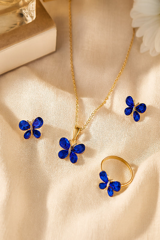 Jewello adorable gold-plated butterfly design with shimmering blue stone stud chain pendant, set for women and girls.