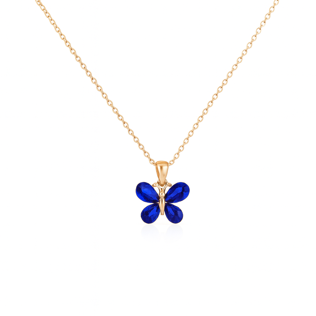 Jewello adorable gold-plated butterfly design with shimmering blue stone stud chain pendant, set for women and girls.
