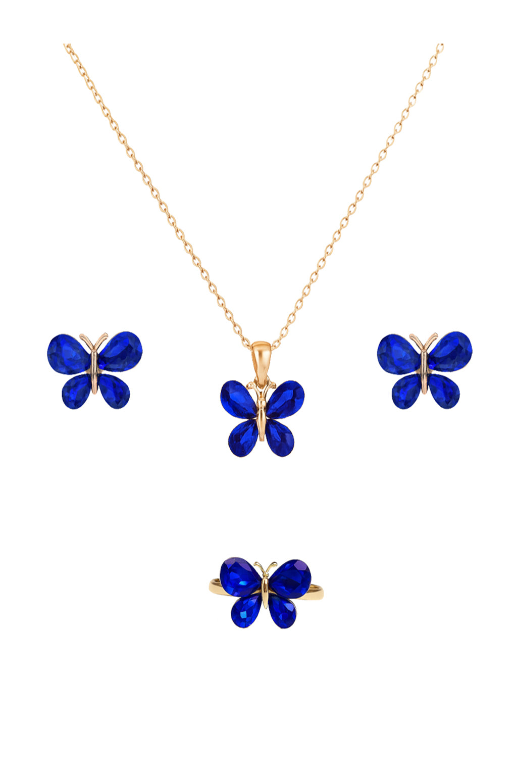 Jewello adorable gold-plated butterfly design with shimmering blue stone stud chain pendant, set for women and girls.
