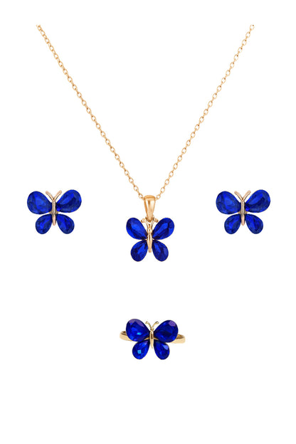Jewello adorable gold-plated butterfly design with shimmering blue stone stud chain pendant, set for women and girls.