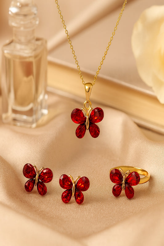 Jewello graceful butterfly design with shimmering red stone stud chain pendant, set for women and girls.