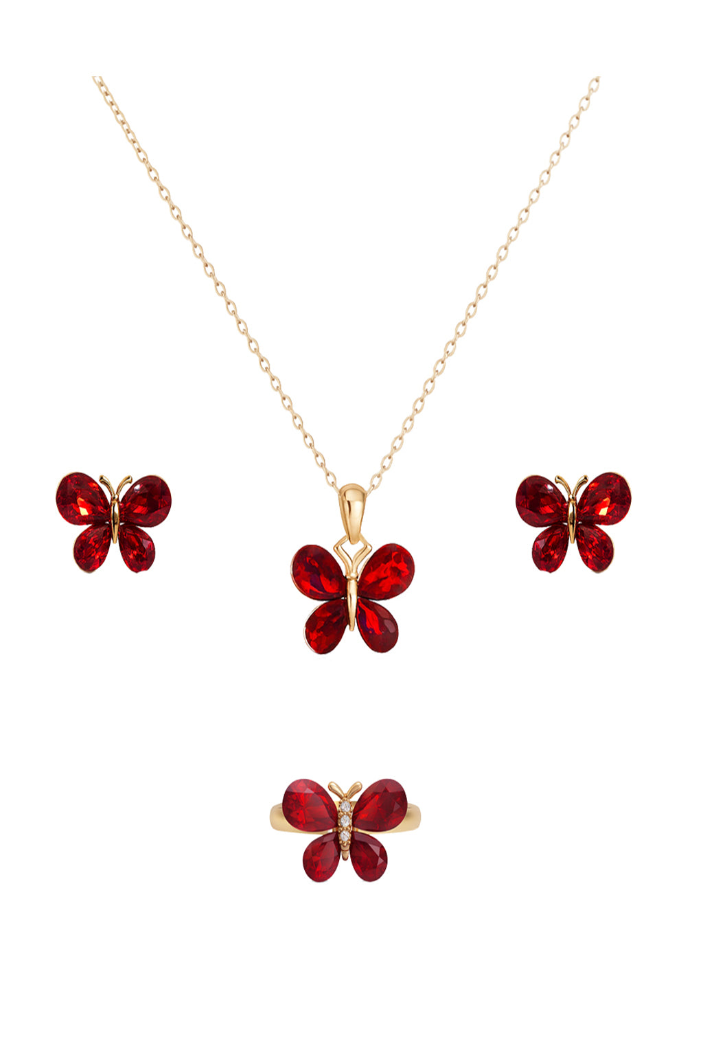 Jewello graceful butterfly design with shimmering red stone stud chain pendant, set for women and girls.