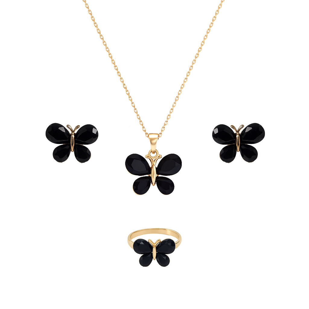 Jewello Amazing gold plated with butterfly design and black stone stud chain pendant set for women and girls.