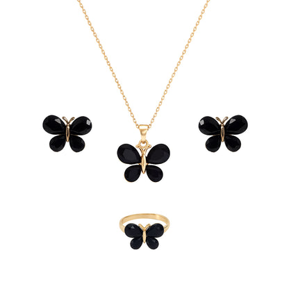 Jewello Amazing gold plated with butterfly design and black stone stud chain pendant set for women and girls.