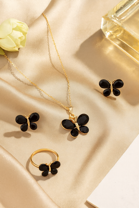 Jewello Amazing gold plated with butterfly design and black stone stud chain pendant set for women and girls.