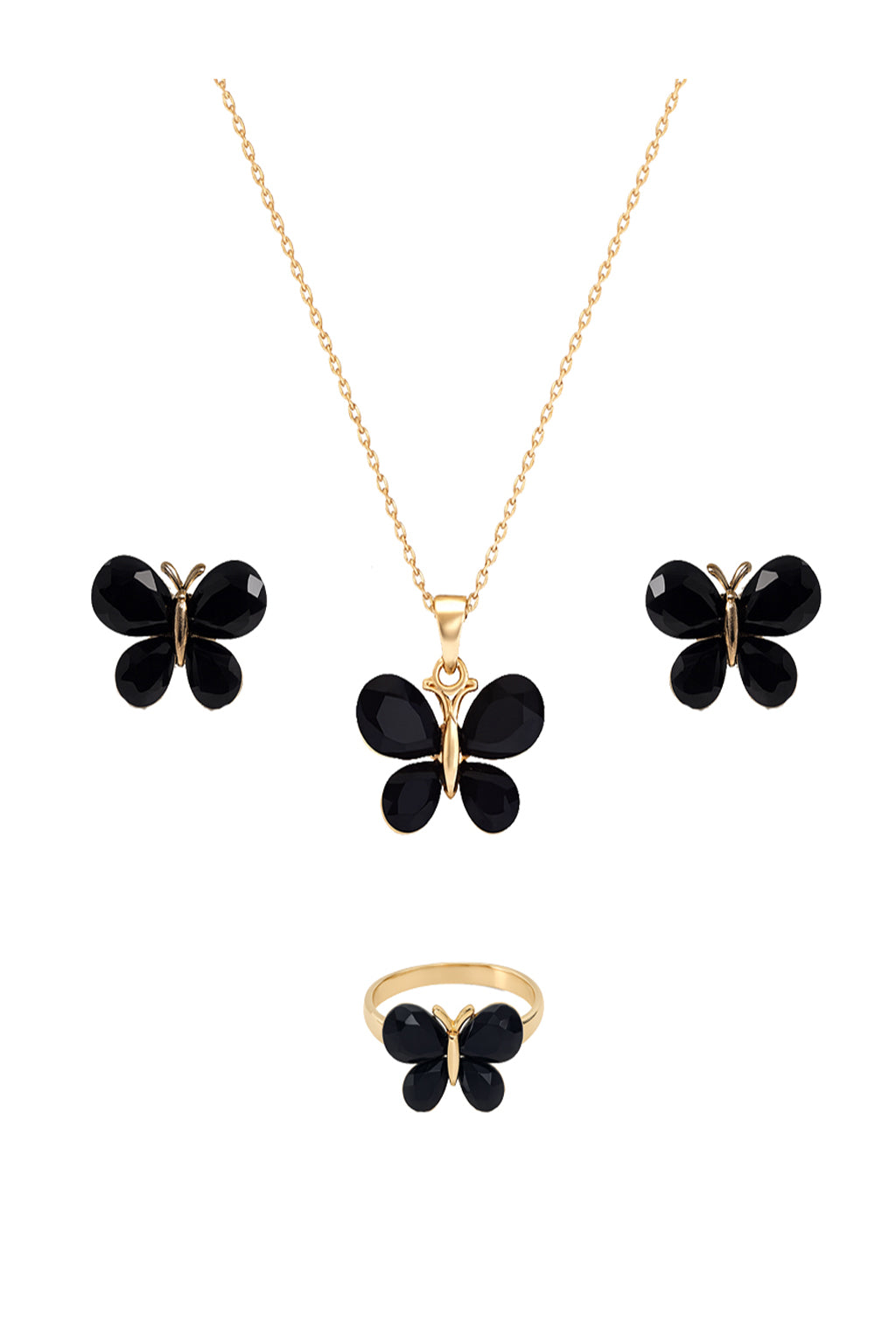 Jewello Amazing gold plated with butterfly design and black stone stud chain pendant set for women and girls.